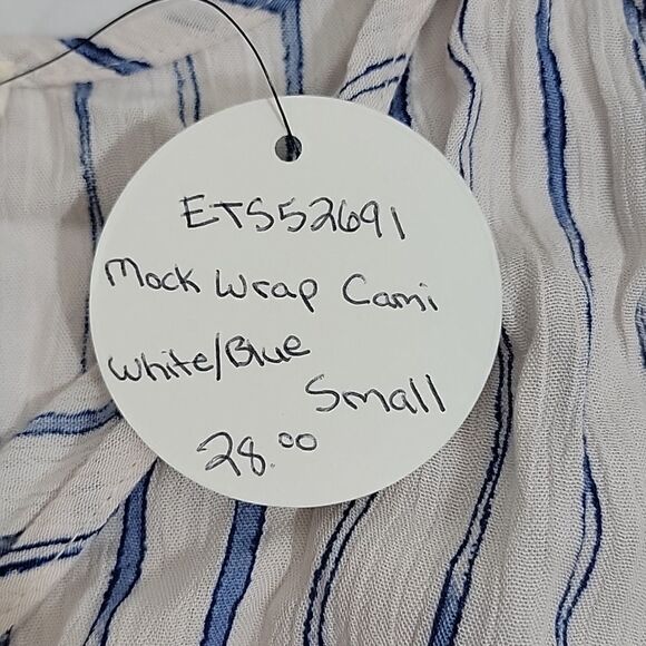 En Cream Mock Wrap Cami Tank Top Small In Off White And Blue Stripped Pattern - Picture 4 of 7